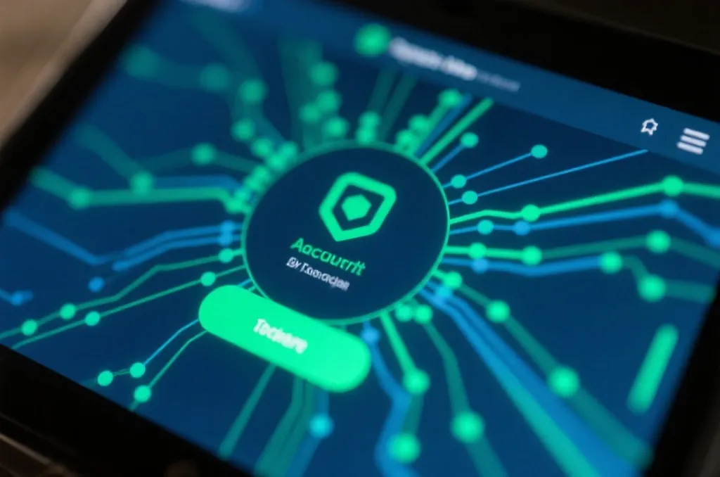 A close up of a secure digital transaction interface on a screen, with subtle abstract network lines, high tech green and blue hues