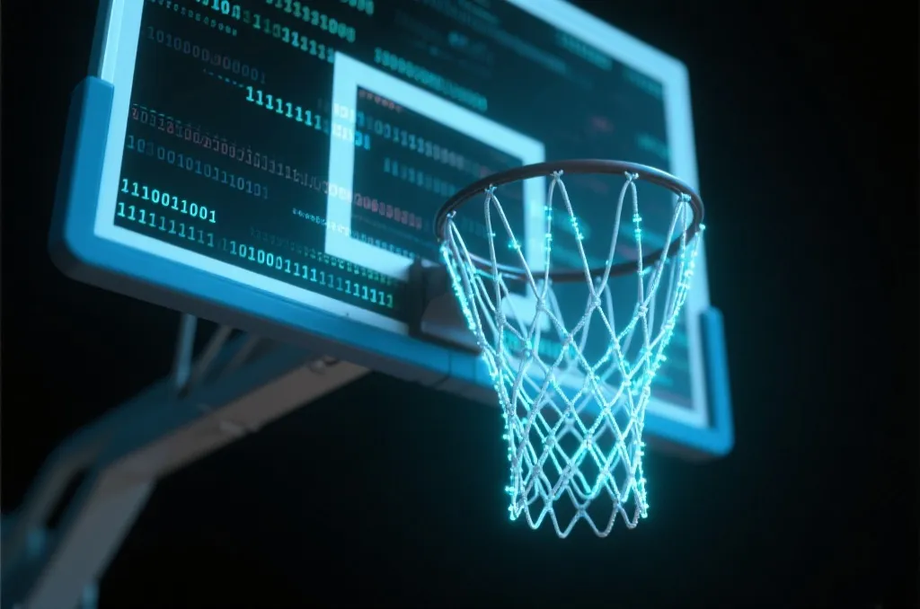 An abstract concept of a basketball hoop with data streams and binary code flowing through the net, futuristic sports analytics theme, cinematic lighting