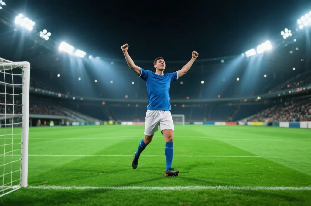 A soccer player celebrating a goal on a vibrant green pitch with stadium lights