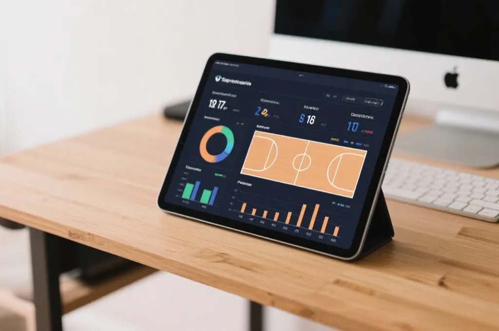 An unbranded tablet showing abstract sports statistics and player metrics graphs