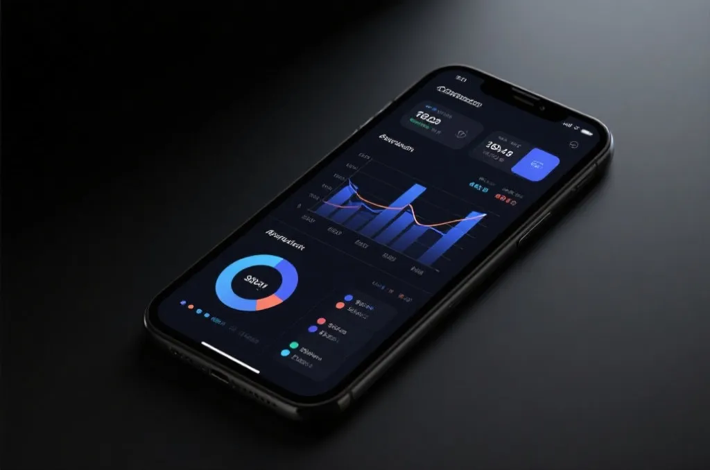 An abstract sports analytics dashboard on a mobile screen showing charts and statistics in a modern dark-themed interface